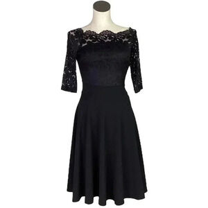 MissMNY Dress Womens S Black Floral Lace Fit and Flare 3/4 Sleeves Cocktail LBD